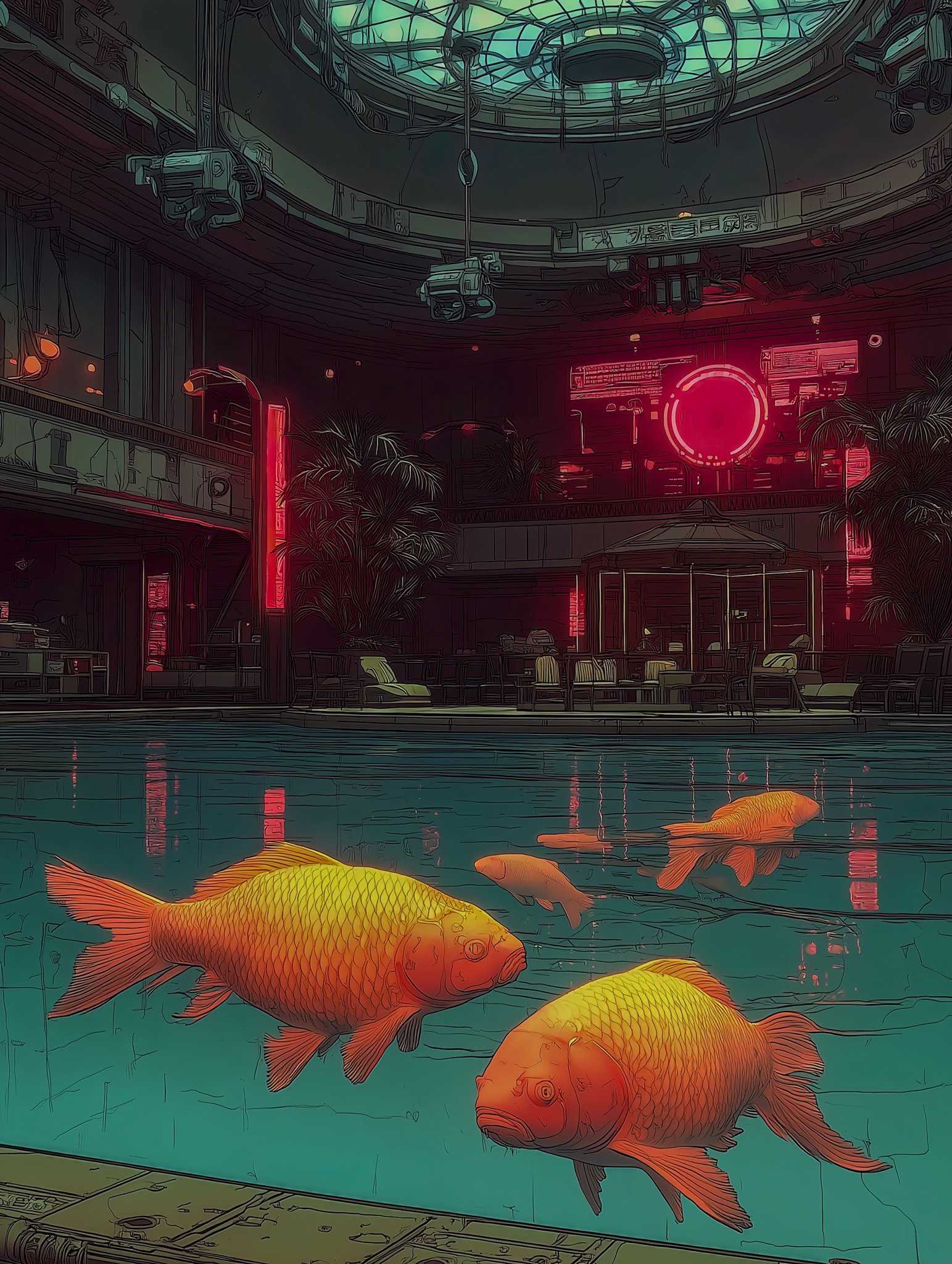 Casino aquarium with surveillance cameras overhead