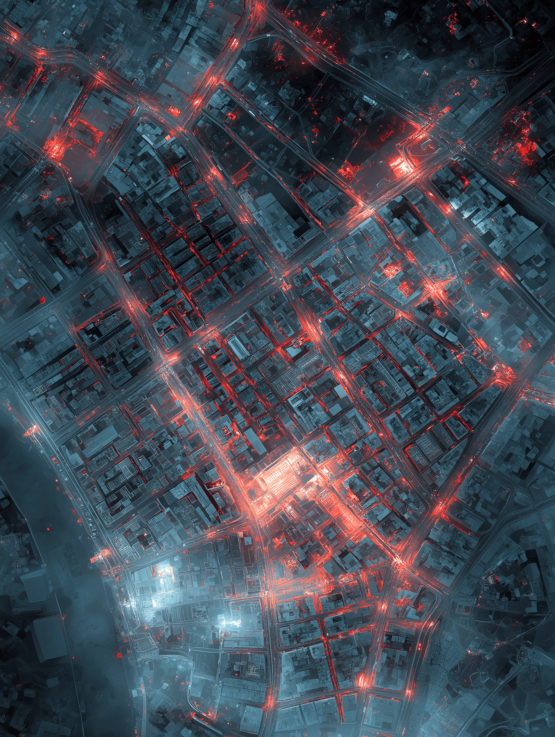 Aerial view of Ukrainian city at night, blocks and neighborhoods losing power one by one, windows going dark
