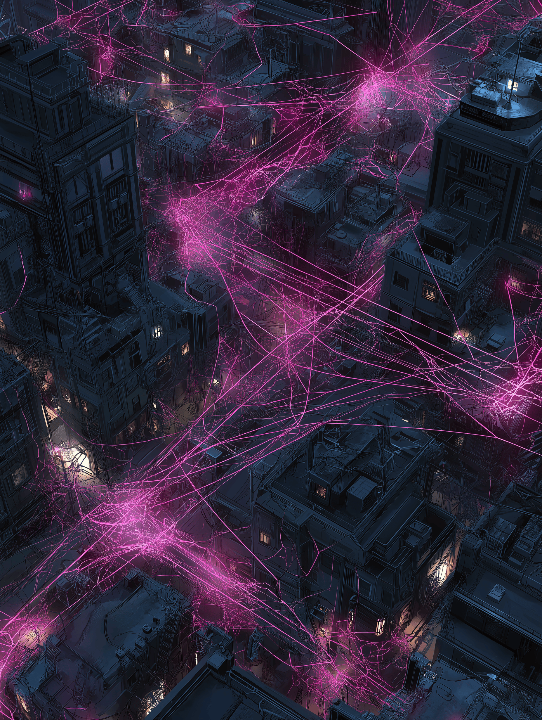 Dark network diagram with glowing threads moving silently between nodes, a shadowy presence navigating unseen
