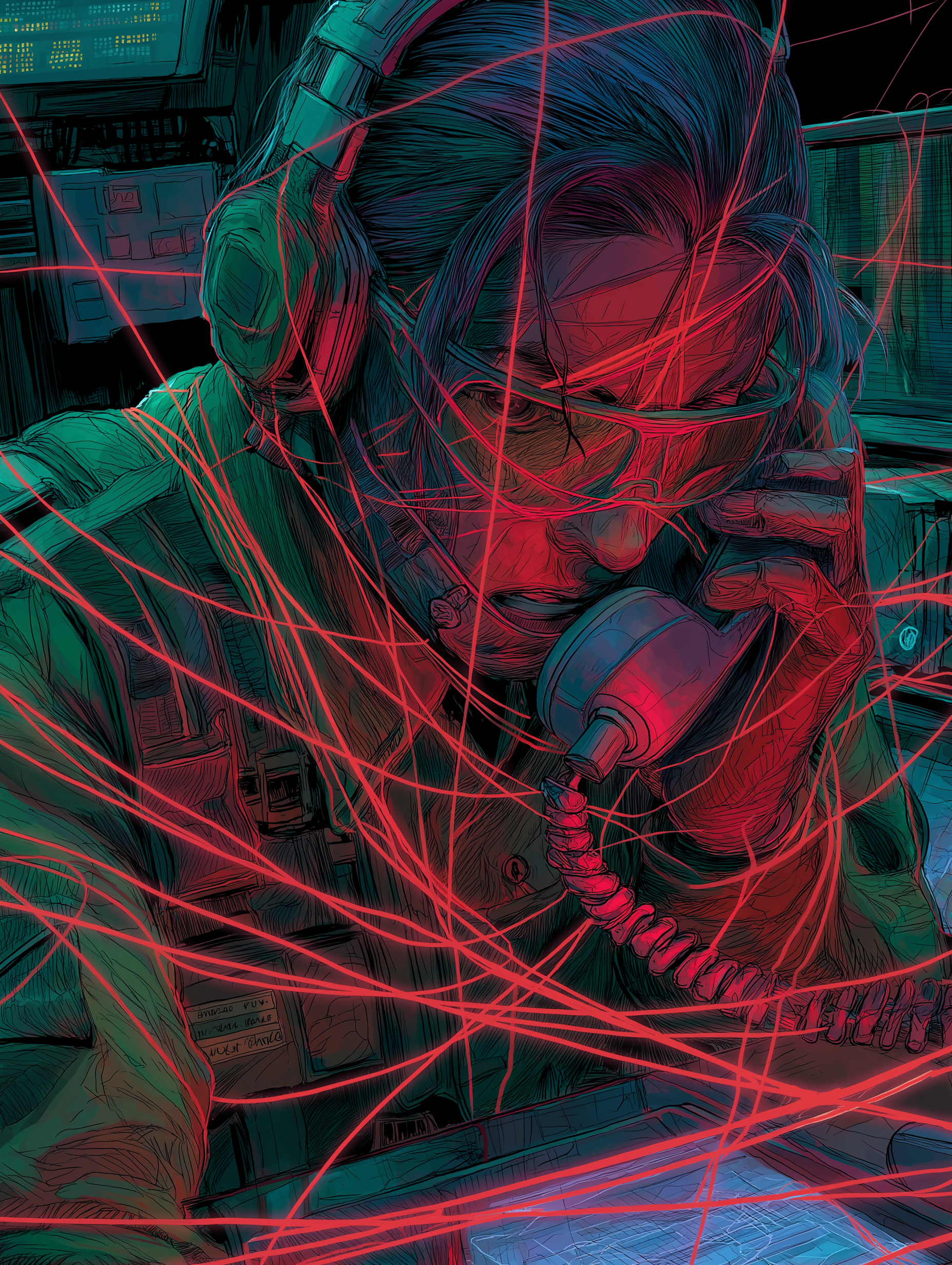 Operator at a telephone receiver, expression of desperation, phone lines jammed and overloaded simultaneously