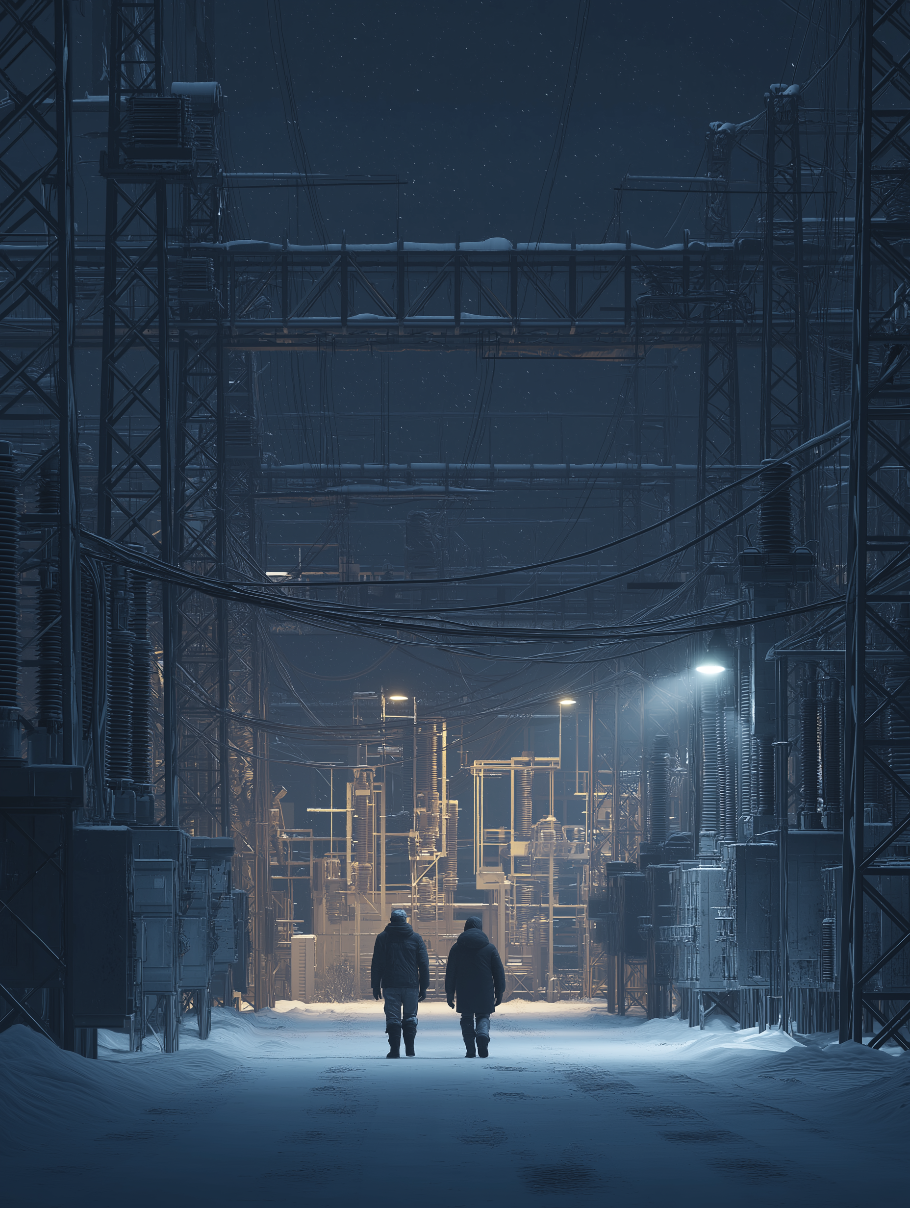 Utility technicians in heavy winter coats walking a dark substation at night, flashlights cutting through darkness