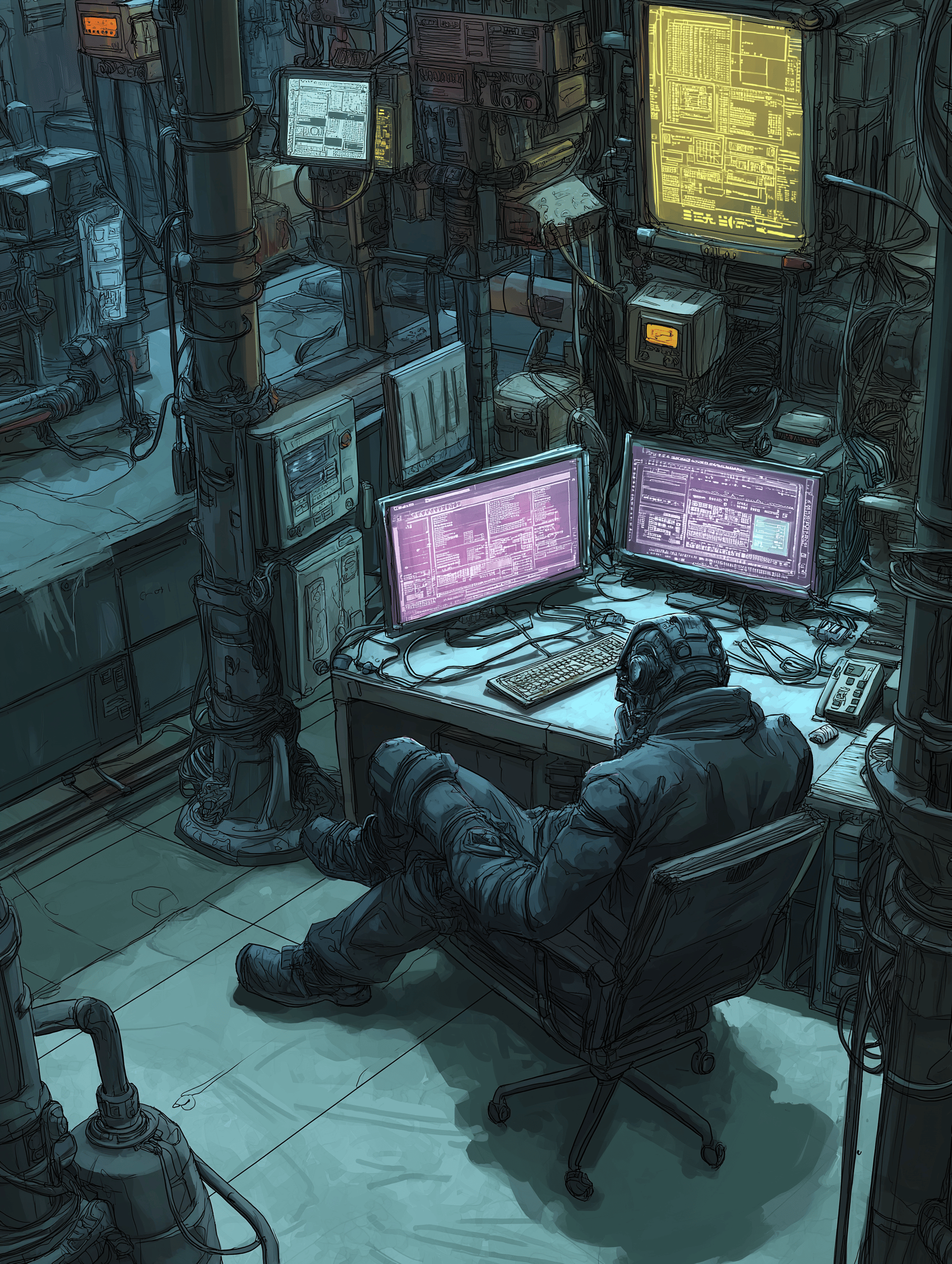 Power utility operator sitting at workstation, hands in lap not touching anything, cursor moving on screen on its own
