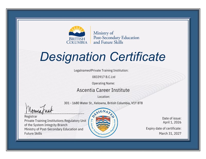 Ascentia Career Institute's Private Training Institutions Regulatory Unit Designation Certificate