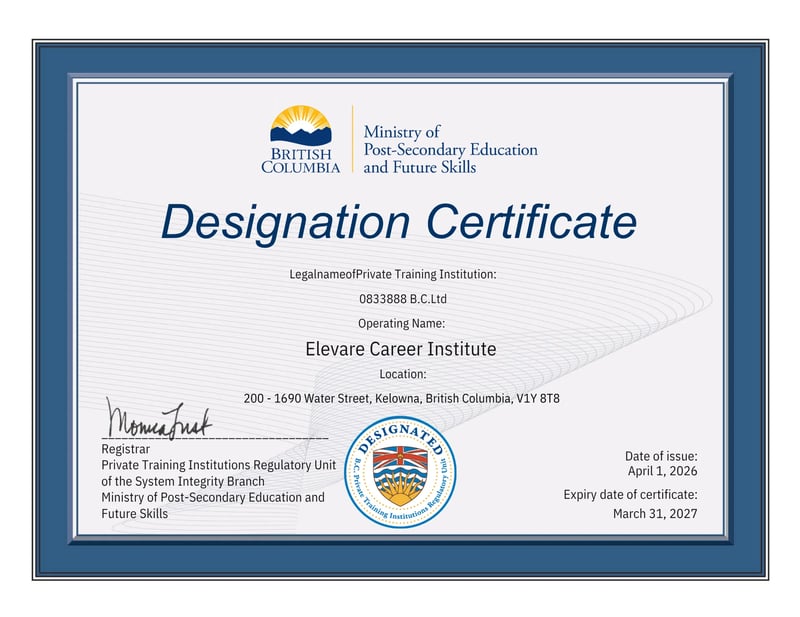 Elevare Career Institute's Private Training Institutions Regulatory Unit Designation Certificate