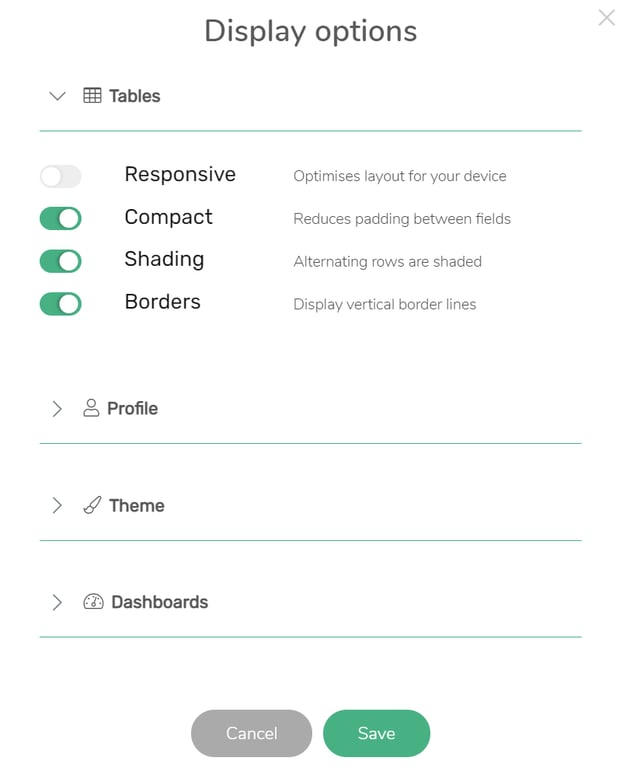 "Display options" overlay shown with Tables section expanded. "Responsive" setting is disabled; "Compact" setting is enabled.