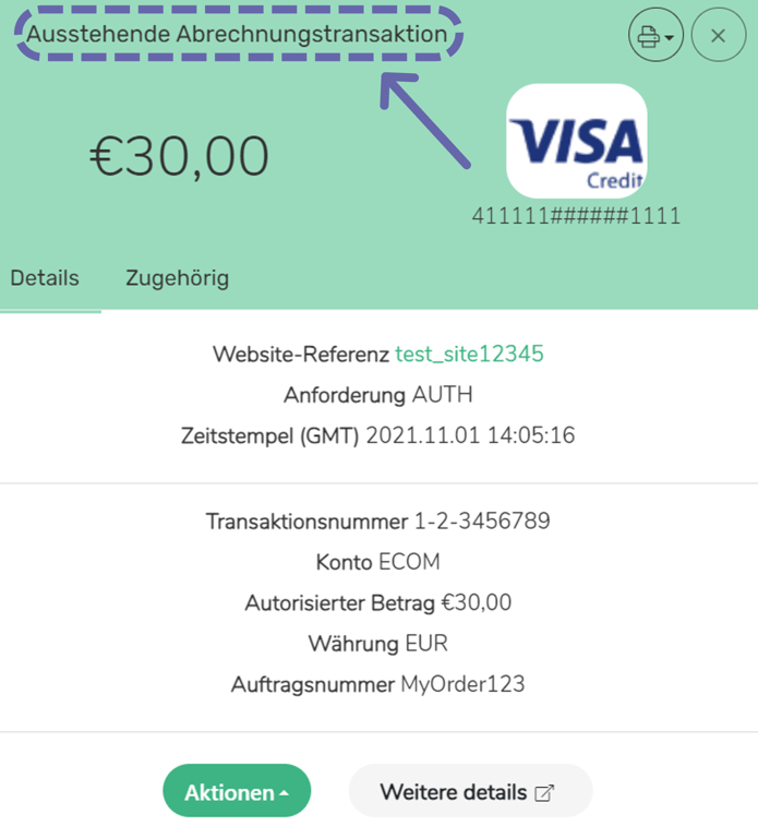 MyST-Bildschirmfoto: Ansicht der Transaktionsdetails mit dem Status "Pending Abrechnung transaction" auf grünem Hintergrund.
