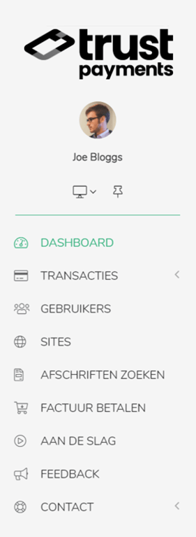 Schermafbeelding van de linker zijbalk in MyST. Van boven naar beneden: Trust Payments logo, gebruikersgegevens, navigatie links.