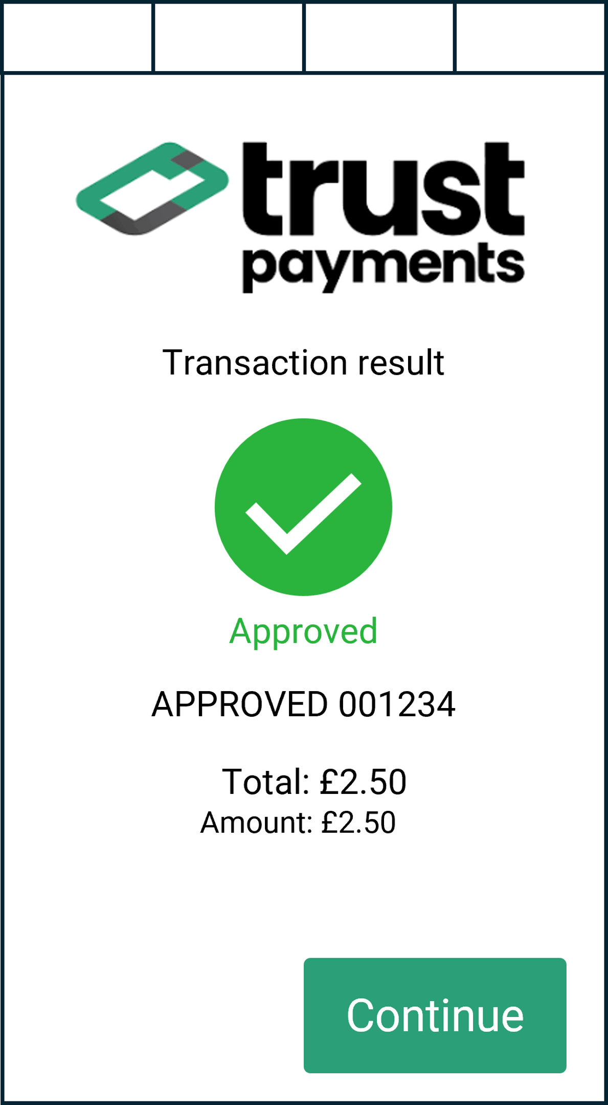 Screen showing the refund was approved, followed by the auth code and amount. Select "Continue" to return to the main screen.