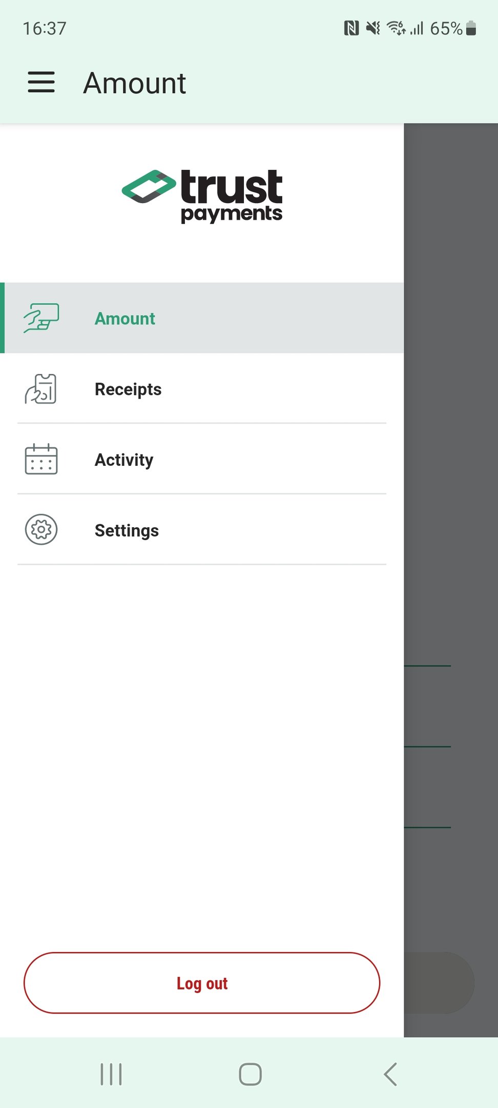 Screenshot of the navigation menu for SoftPOS app, with links for "Amount", "Receipts", "Activity", "Settings" and "Log out".