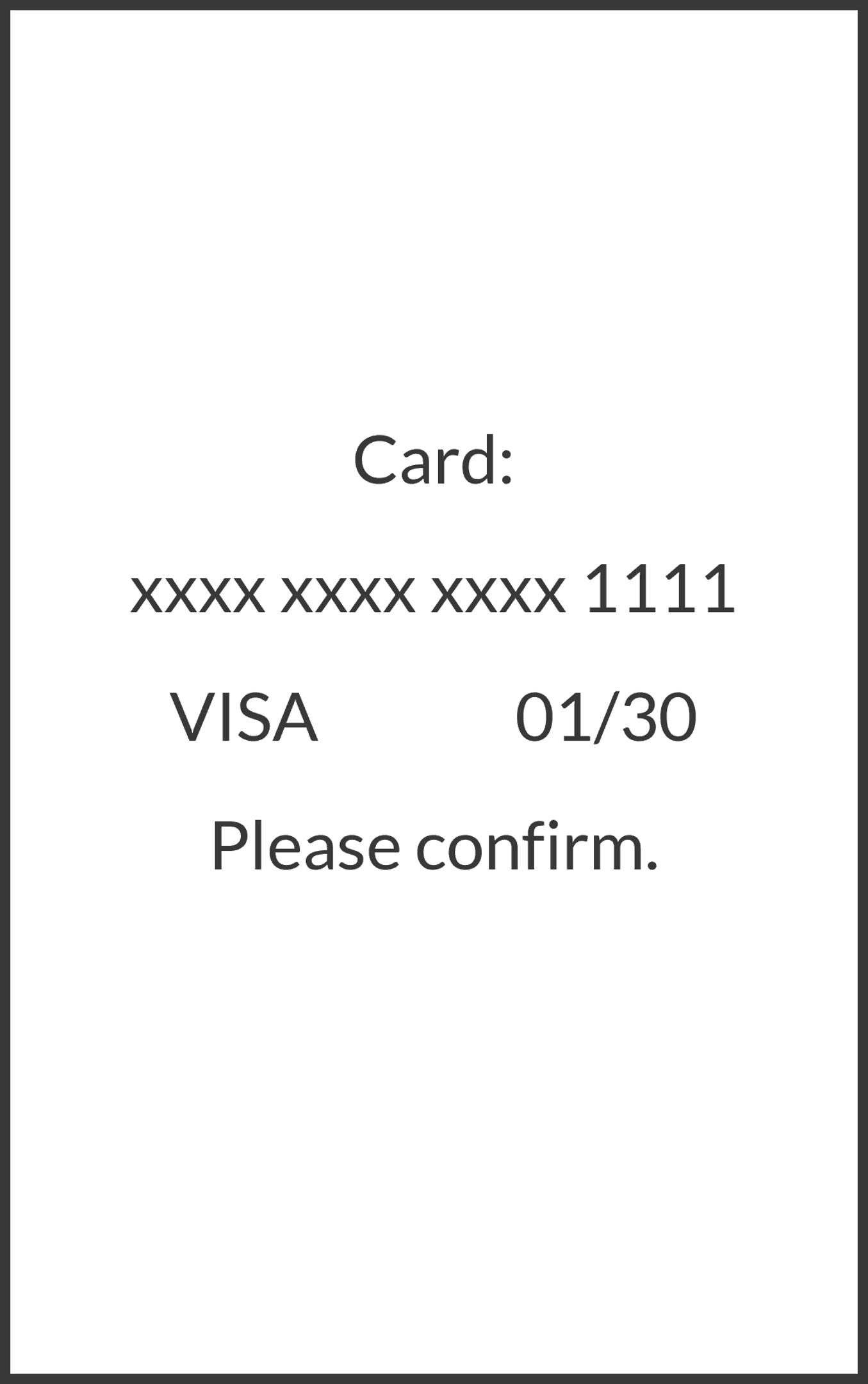 Screen showing a summary of the sale: The card number (masked), scheme and expiry date. Press the green button to continue.