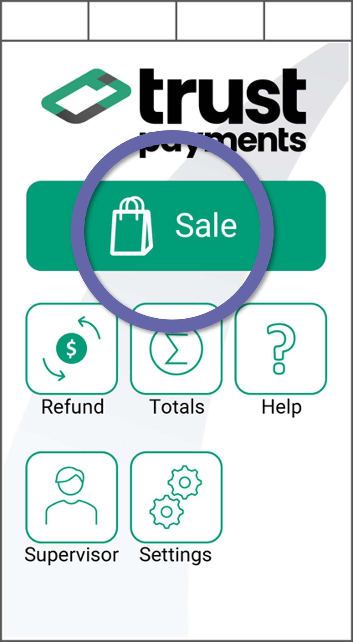 Main screen. Trust Payments logo shown at the top, then a large "Sale" button (circled for emphasis) followed by other links.