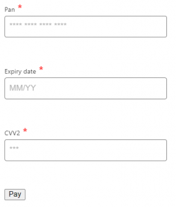 Screenshot of an example checkout with custom fields "Pan", "Expiry date" and "CVV2".