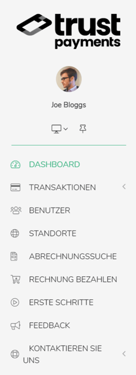 Screenshot der linken Seitenleiste in MyST. Von oben nach unten: Trust Payments , Benutzerdaten, Navigationslinks.
