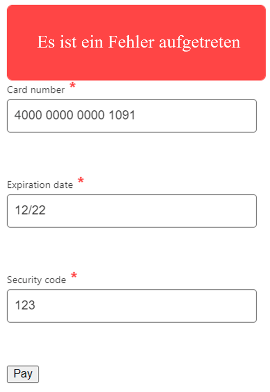 Screenshot einer Beispiel-Kasse, die mit unserer JavaScript Library erstellt wurde und einen benutzerdefinierten Fehler anzeigt: "Etwas ist schief gelaufen".