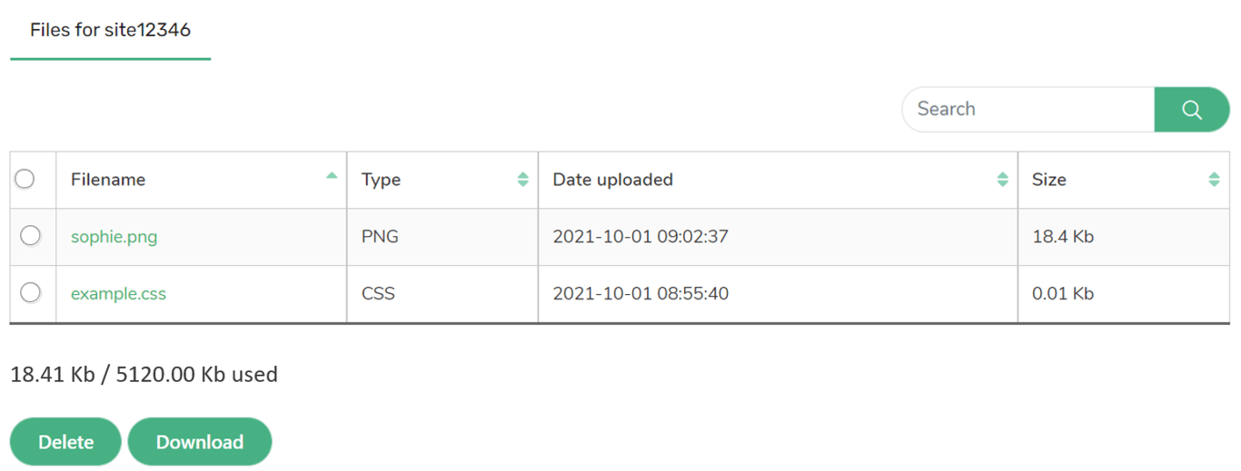 File manager screenshot: Table of uploaded files. Search box is above the table, with "Delete" and "Download" buttons below.