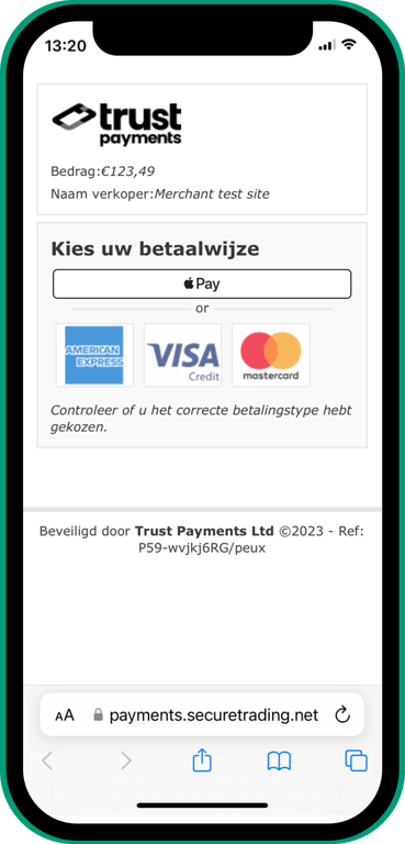 Keuzepagina op iPhone: Trust Payments logo bovenaan, dan Bedrag, Naam verkoper, Apple Pay knop en andere betaalsoorten.