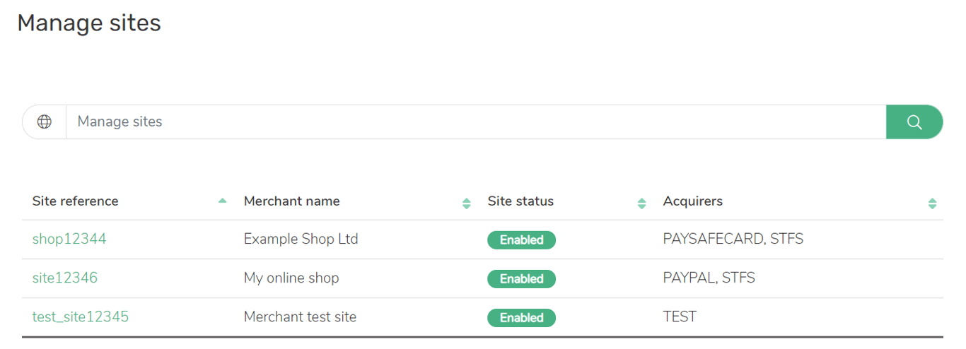 Manage sites page showing a table of sites. For each site, we show: Site reference, Merchant name, Site status, Acquirers.