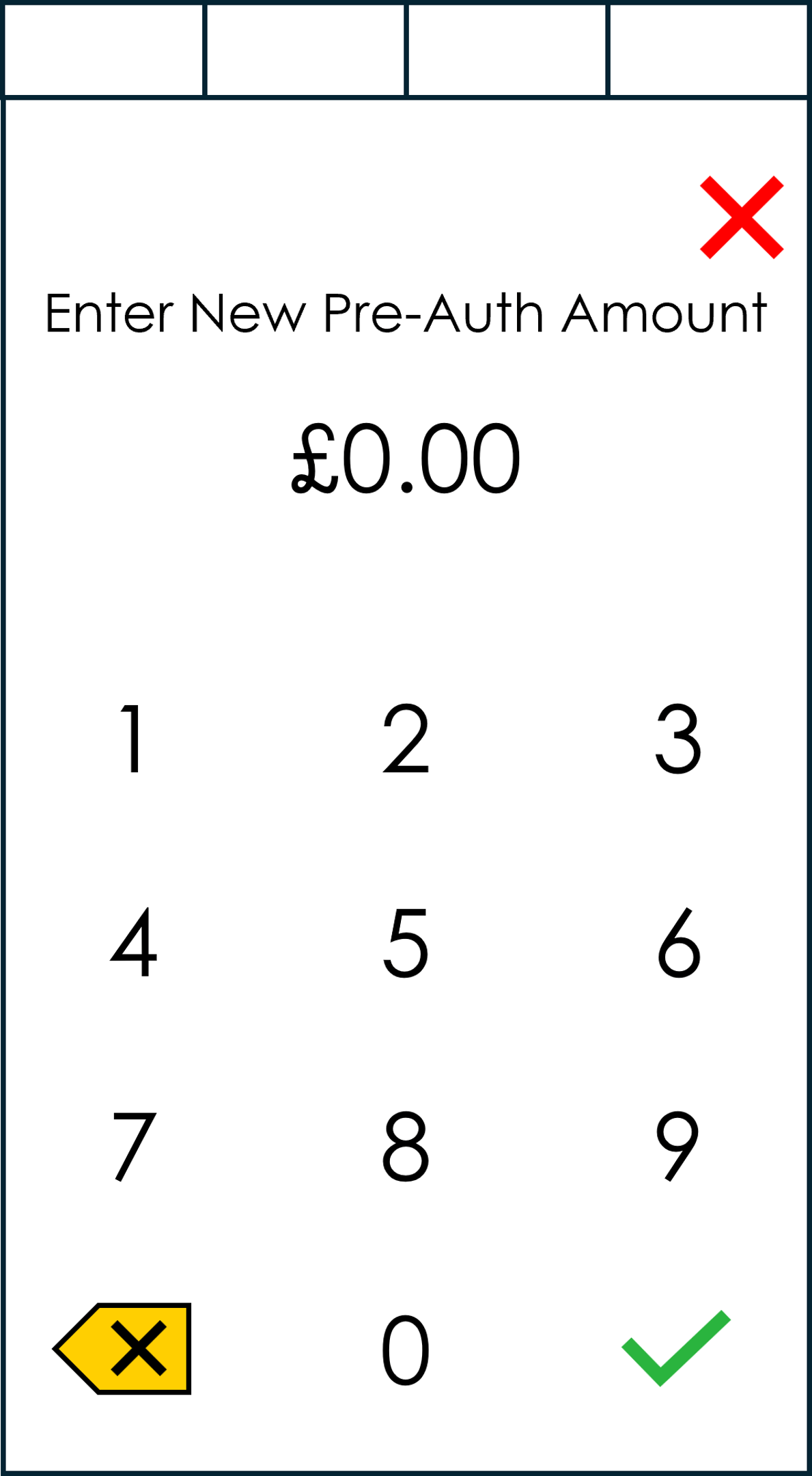 Screen where the user is prompted to enter the new pre-auth amount. They select X to cancel or the check icon to continue.
