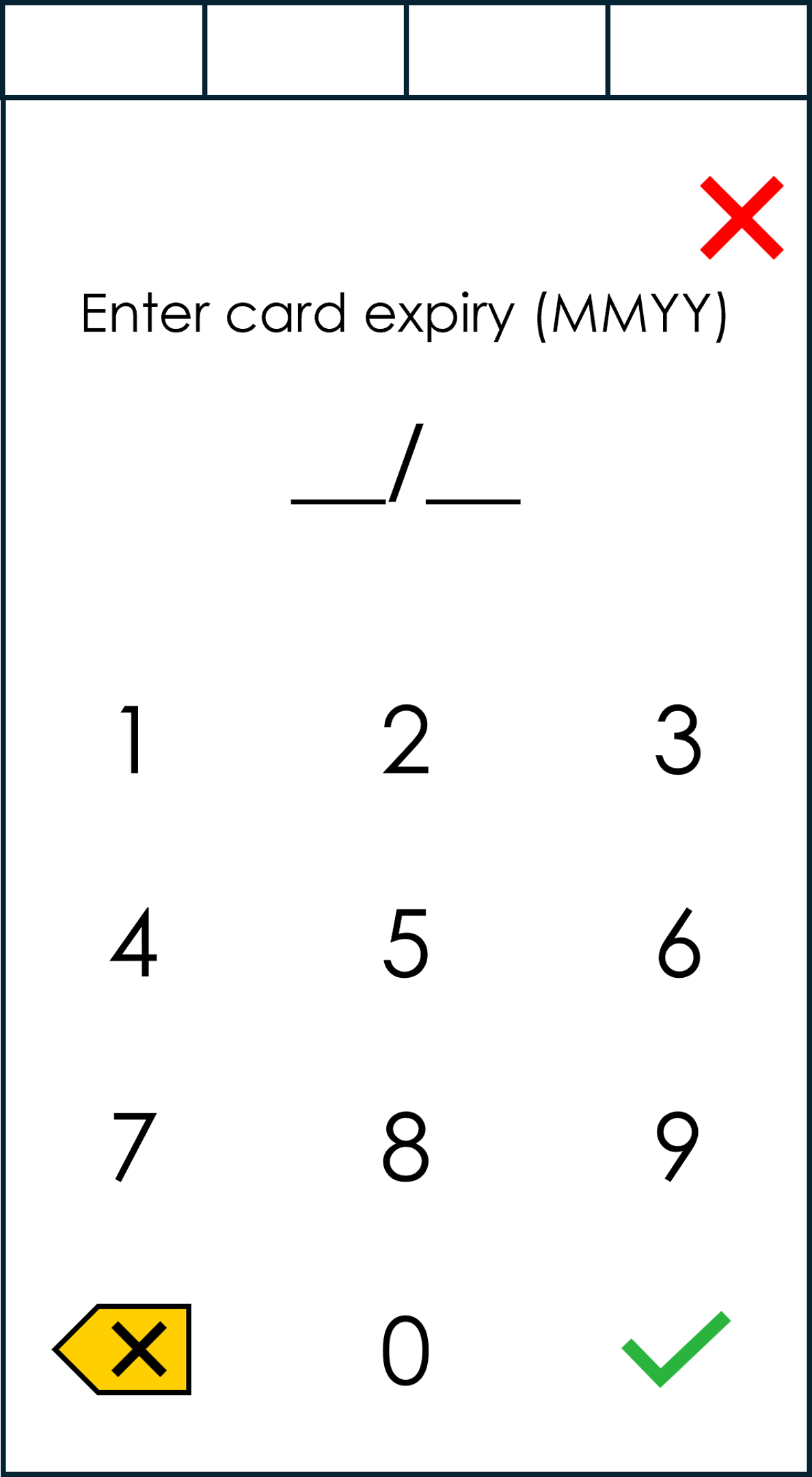 Screen that prompts the user to enter the card expiry date. They select X to cancel or the check icon to continue.