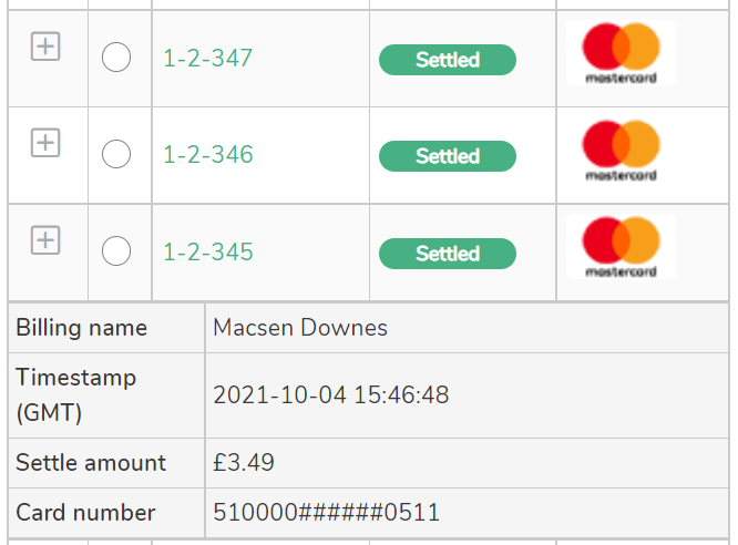 MyST screenshot: Transaction search results table with example transaction 1-2-345 expanded to show further details.