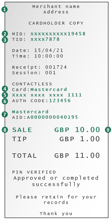 Example receipt. From top to bottom: Merchant name, MID, TID, card type, masked PAN, auth code, AID, total including tip.