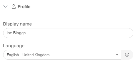MyST profile settings. Text field for "Display name" and drop-down selector for "Language" are shown ("English" is selected).