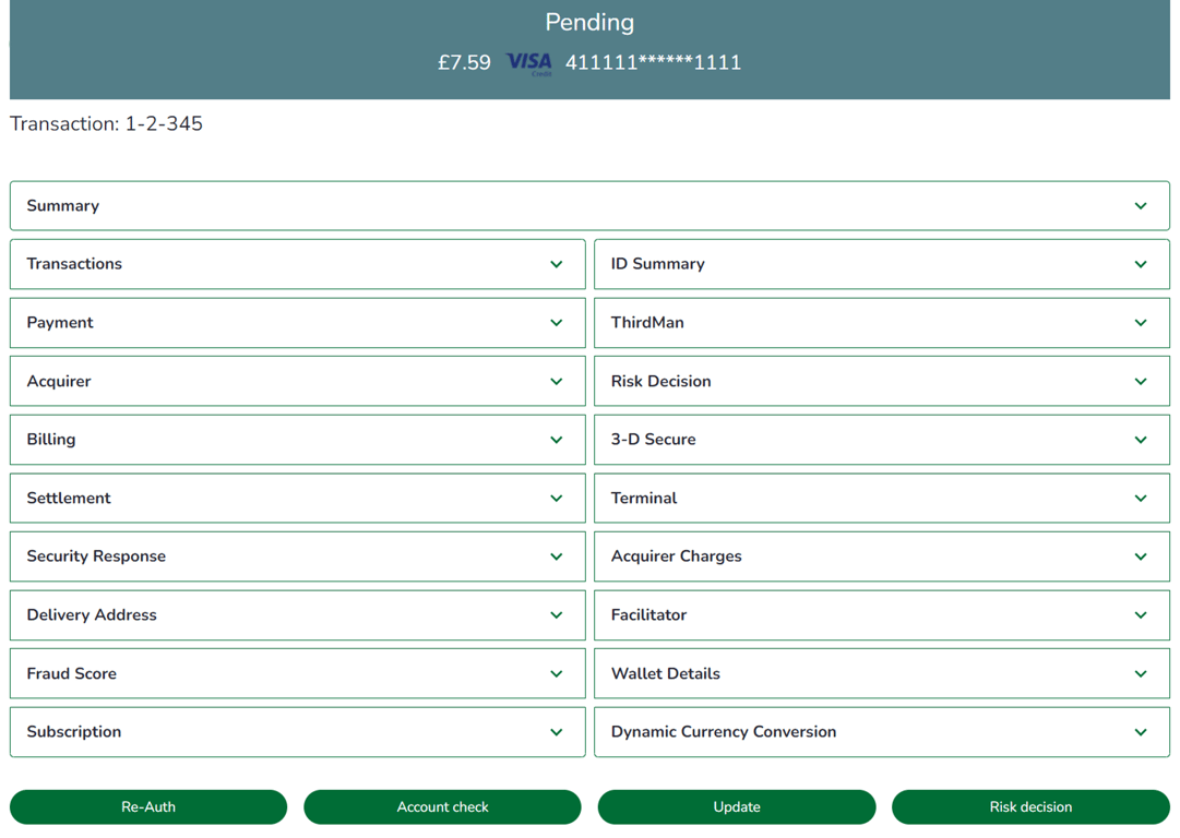 Portal screenshot: Transaction detail view. Status shown at top is "Pending". User can select drop-downs to view more info.