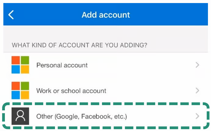 Microsoft Authenticator screenshot: User is asked "What kind of account are you adding?". They select "Other".