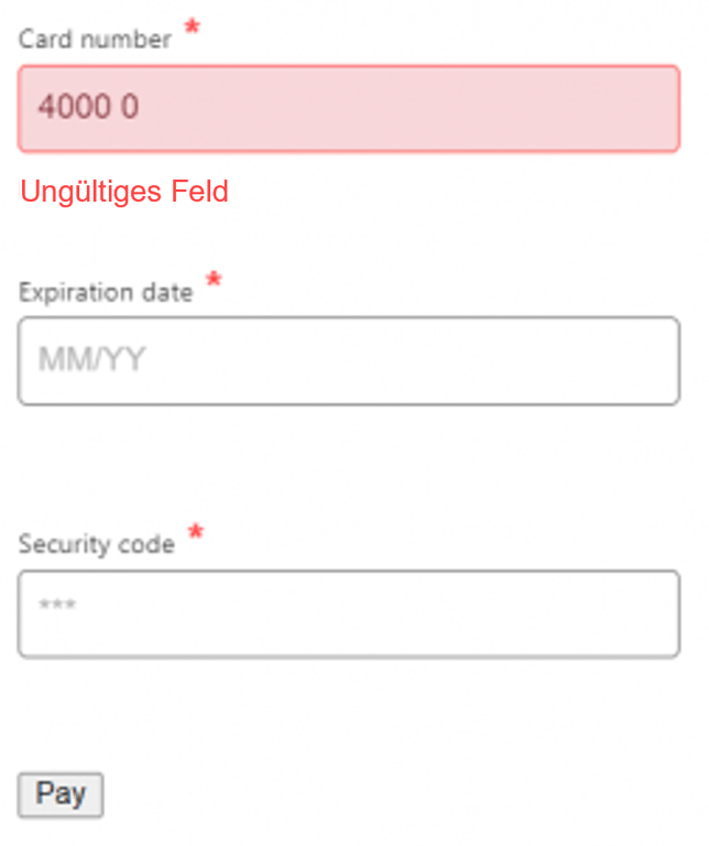 Screenshot einer Beispiel-Kasse mit einem benutzerdefinierten Feldfehler, der lautet: "Ungültiges Feld".