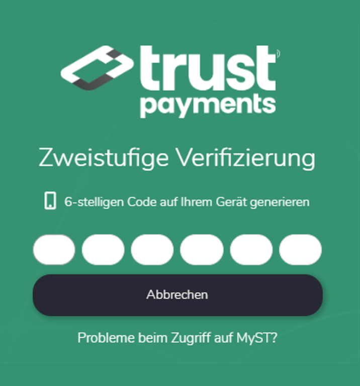 MyST-Screenshot der Anmeldeseite: Auf grünem Hintergrund wird der Benutzer aufgefordert, den von seinem Gerät bereitgestellten 6-stelligen Code einzugeben.