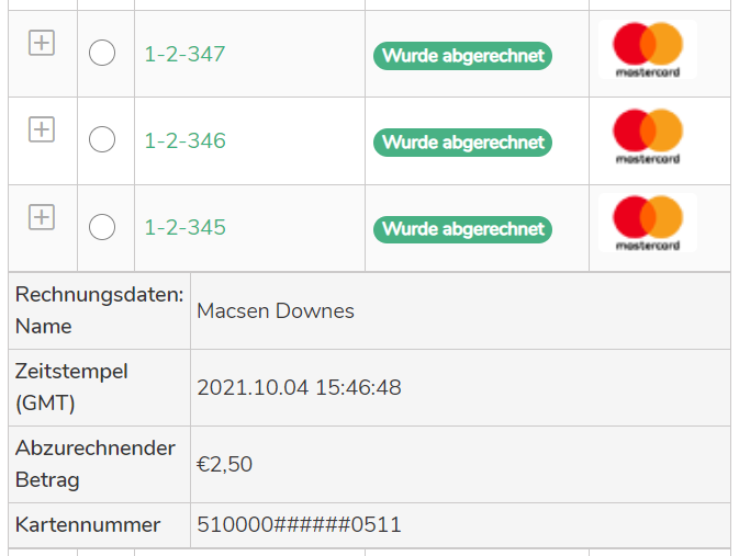 MyST-Bildschirmabbildung: Ergebnistabelle der Transaktionssuche mit der Beispieltransaktion 1-2-345, die erweitert wurde, um weitere Details anzuzeigen.