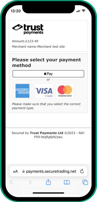 Choice page on iPhone: Trust Payments logo at the top, then Amount, Merchant name, Apple Pay button and other payment types.