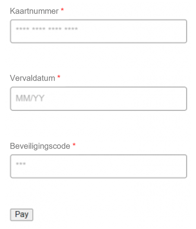 Screenshot van een voorbeeldkassa met aangepaste veldenPan", "Vervaldatum" en "CVV2".
