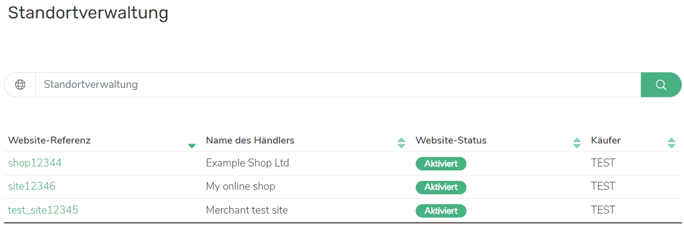 Die Seite "Standorte verwalten" zeigt eine Tabelle der Standorte. Für jeden Standort werden angezeigt: Website-Referenz, Name des Händlers, Site-Status, Acquirer.