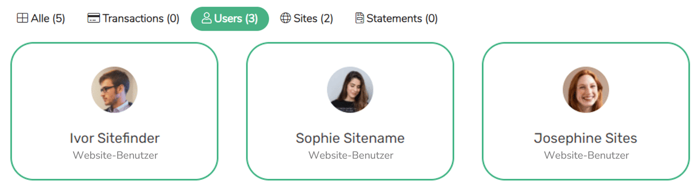 Raster der passenden Benutzer/Seiten nach der Suche. Filter oben: Alle, Transaktionen, Benutzer (ausgewählt), Sites, Auszüge.