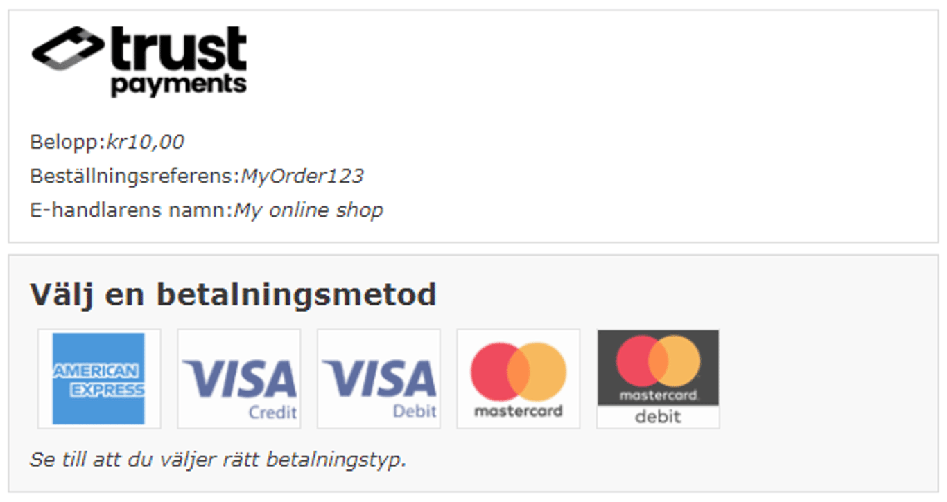 Choice page in Swedish: Trust Payments logo shown at the top, followed by Amount, Order ref, Merchant name and payment methods.
