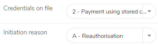 Portal screenshot: Forms showing Credentials on file set to 2 (using stored data) and Initiation reason set to A (re-auth).