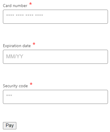 Screenshot of checkout with default fields "Card number", "Expiration date", "Security code". The submit button reads "Pay".