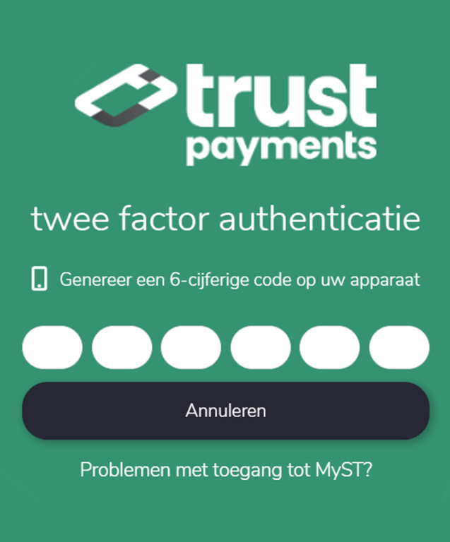 MyST screenshot van de aanmeldpagina: Op een groene achtergrond wordt de gebruiker gevraagd om de 6-cijferige code van zijn apparaat in te voeren.