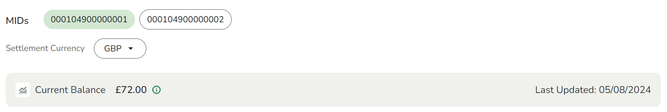 Funding Account report screenshot: User has used filters to select a MID and currency. Current balance is shown beneath this.