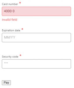 Screenshot of an example checkout with a customised field error that reads: "Invalid field".