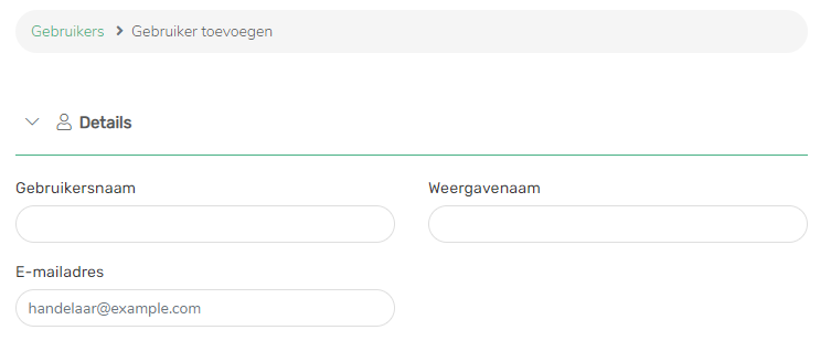 MyST screenshot toont de bovenkant van de "Gebruiker toevoegen" pagina. Er zijn tekstvelden voor Gebruikersnaam, Weergavenaam, E-mailadres.