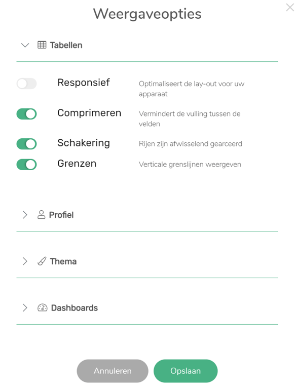 Overlay "Weergaveopties" getoond met uitgeklapte tabellen. De instelling "Responsief" is uitgeschakeld; de instelling "Compact" is ingeschakeld.