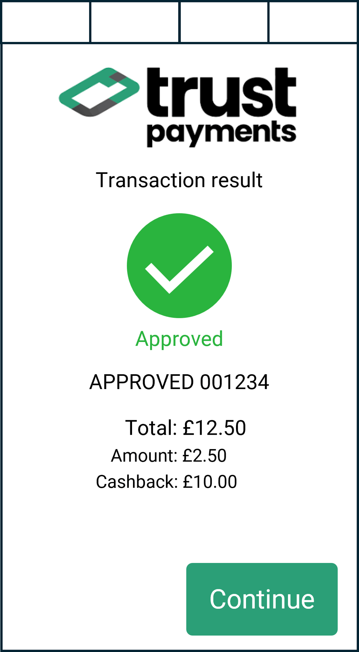 Scherm waarop de verkoop is goedgekeurd, gevolgd door de auth-code en het bedrag (inclusief cashback).