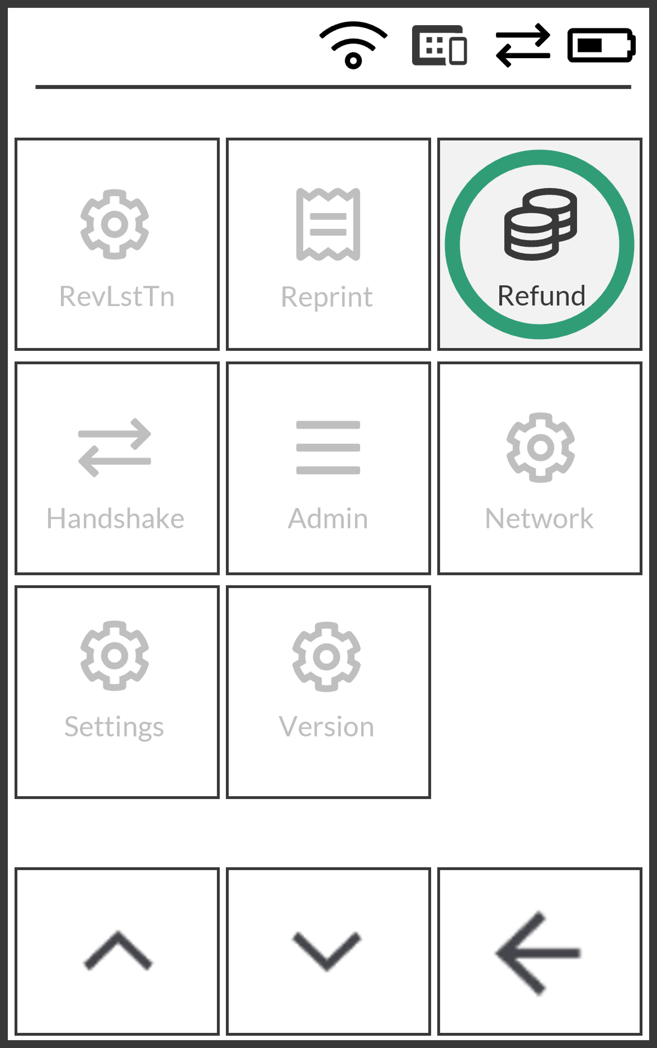 The Quick Menu showing options RevLstTn, Reprint, Refund (circled), Handshake, Admin, Network, Settings and Version.