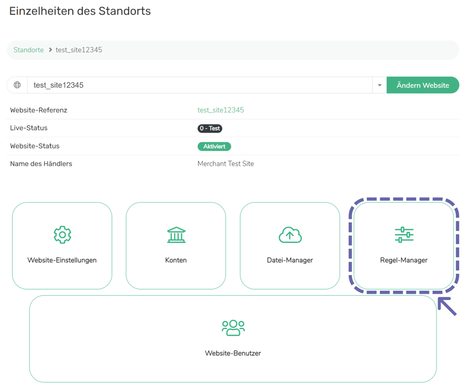 Seite mit Standortdetails: Standort über Dropdown-Menü oben ausgewählt. Standortinformationen und Navigation sind unten. Der Regel-Manager ist hervorgehoben.