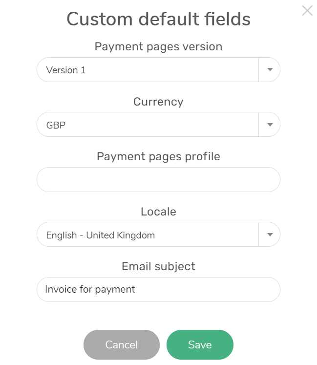 Portal screenshot: Pay by Link "Custom default fields" pop-up. User can use the form to select default Pay by Link settings.