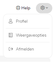 MyST screenshot: De gebruiker heeft rechtsboven de instellingen geopend om links te zien voor "Profiel", "Weergaveopties" en "Afmelden".