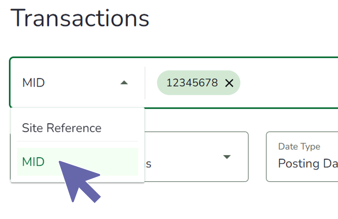 Portal screenshot: User has selected "Site Reference" from the drop-down on the transaction search page.