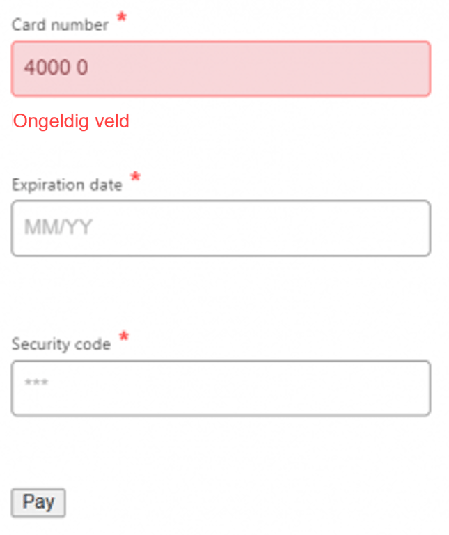 Schermafbeelding van een voorbeeldkassa met een aangepaste veldfout met de tekst: "Ongeldig veld".